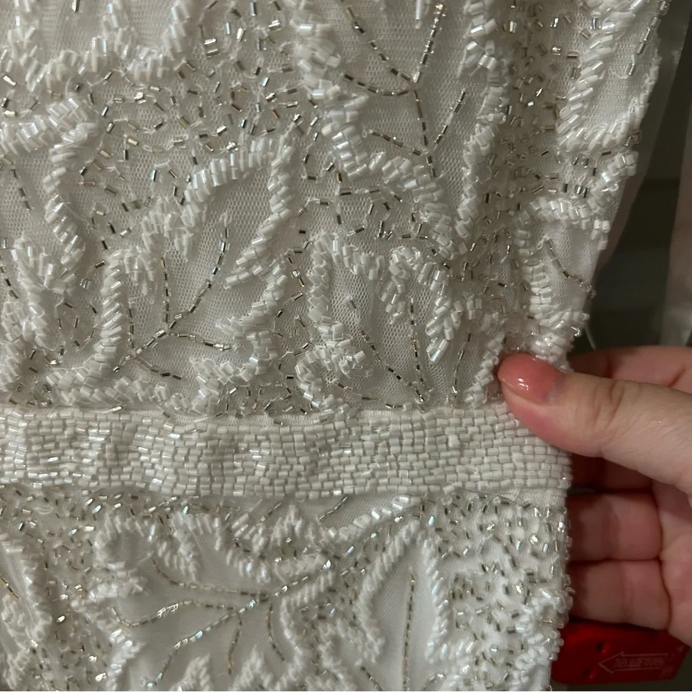 New Mac Duggal White Leaf Embroidered Beaded Gown - Picture 5 of 9